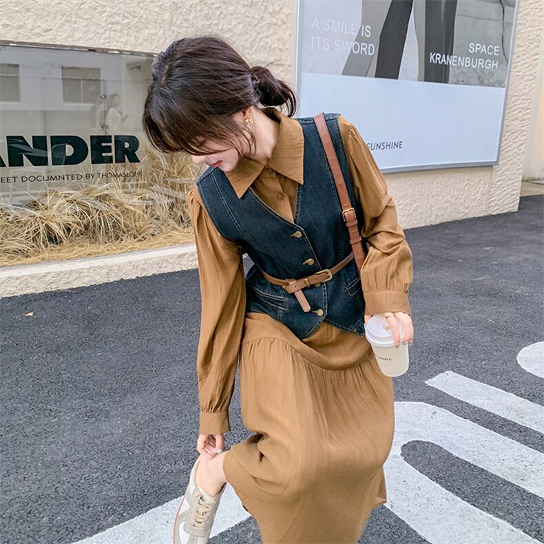 今年流行长袖连衣裙套装女2026春秋新款温柔风显瘦牛仔马甲两件套，女装套装/套裙，印象茜