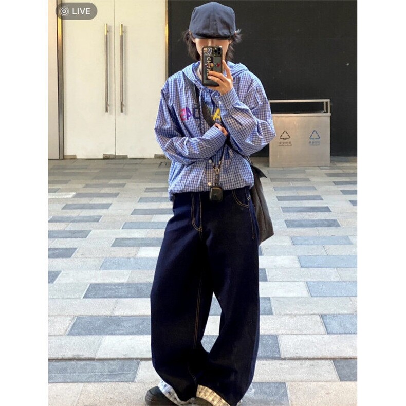 现货格子拼接刺绣牛仔裤春夏美式复古宽松BF慵懒拖地长裤G355P50,男装牛仔裤,电商D256