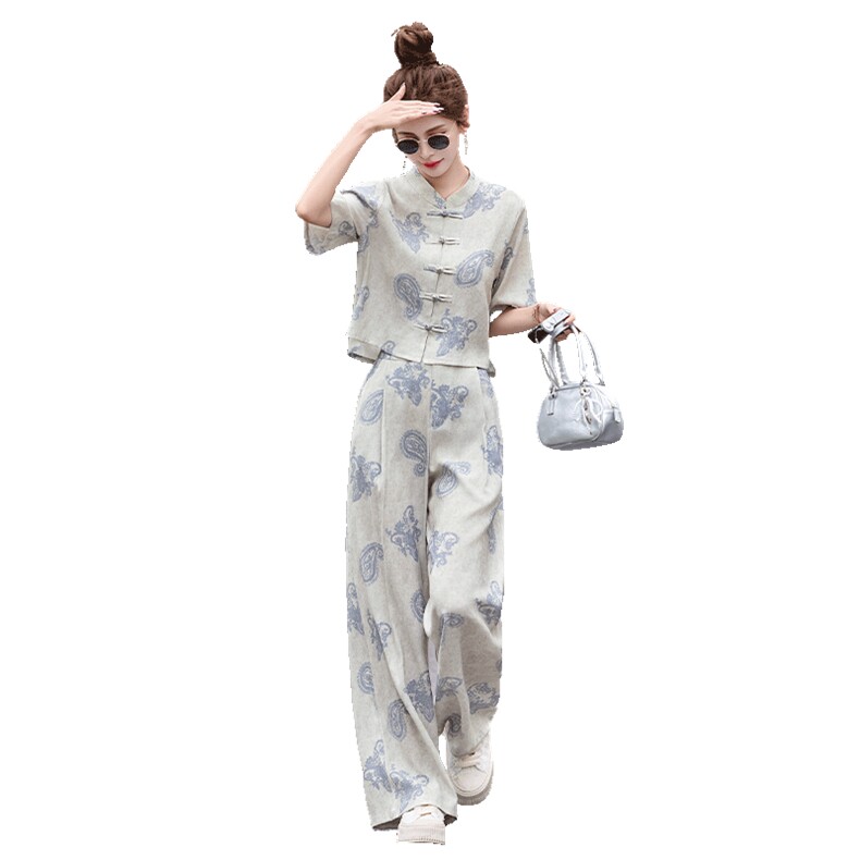 新中式套装女2025新款夏季显瘦复古印花盘扣衬衫阔腿裤两件套,女装套装/套裙,关键词