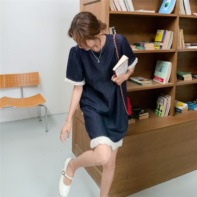 深蓝色复古牛仔连衣裙女2025年夏季新款韩版小个子花边拼接A字裙,女装连衣裙,2C053