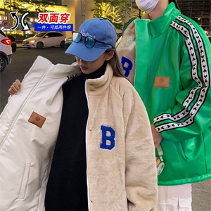 roora情侣羊羔毛两面穿棉服外套男冬季加绒加厚oversizePU皮棉衣图片
