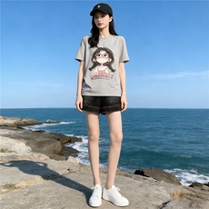 学院风网红运动套装女夏新款圆领卡通印花短袖阔腿牛仔短裤两件套，女装套装/套裙，江南
