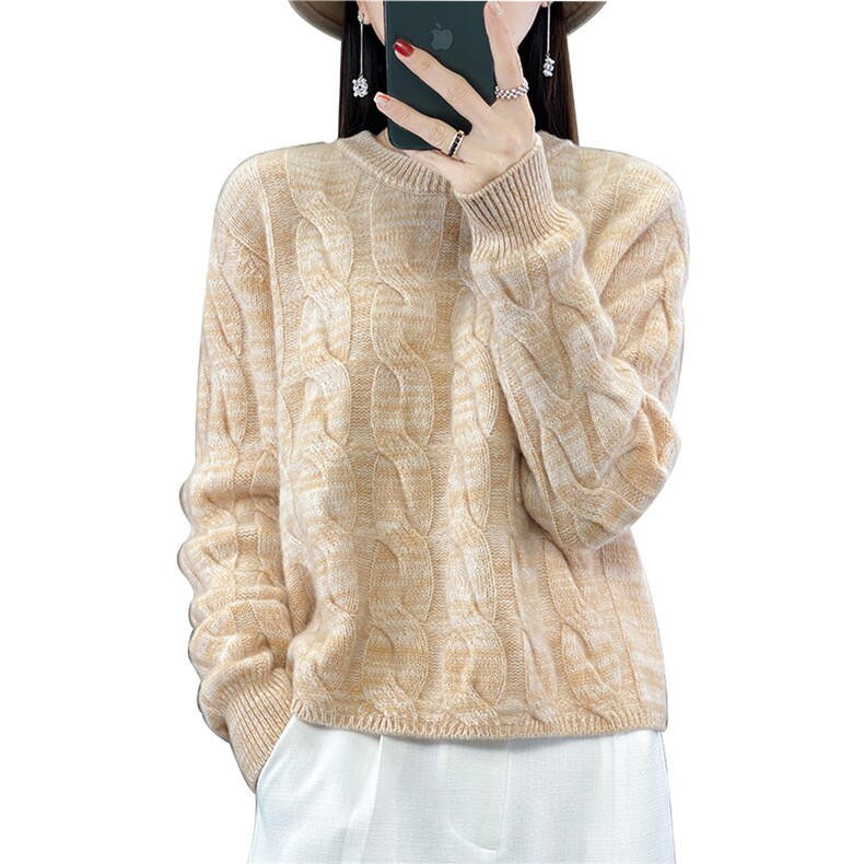 新款秋冬女士毛衣圆领套头慵懒风宽松显瘦长袖短款针织羊毛衫,女装羊毛衫,蒙特羊绒