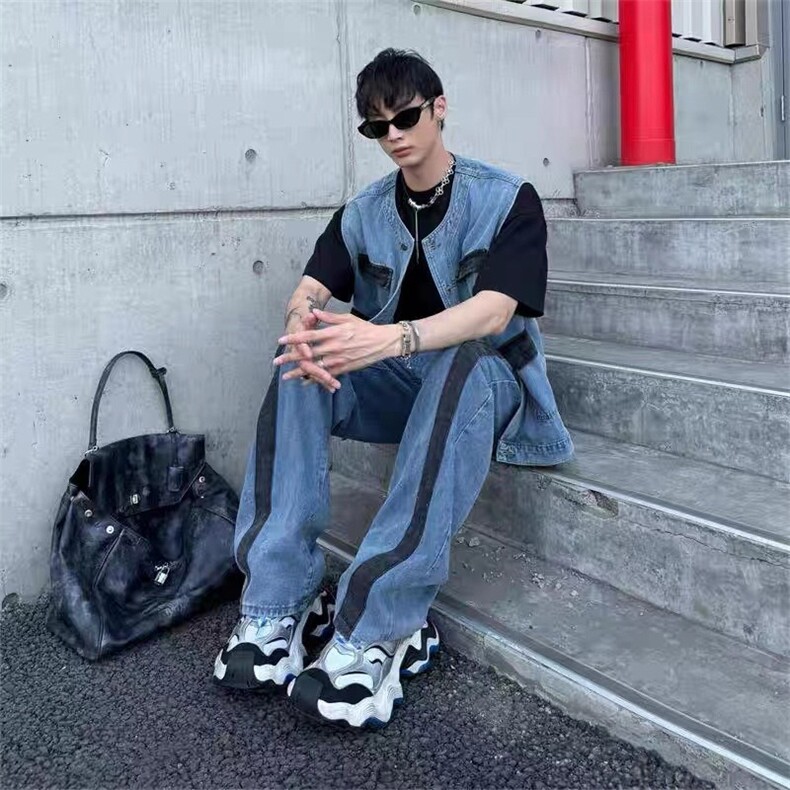 高级感痞帅牛仔套装男搭配一套撞色拼接牛仔裤发型师潮牌男装马甲,男装牛仔裤,星座506A