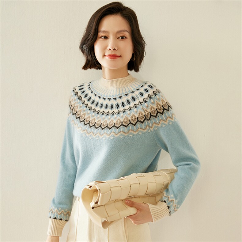 美的冒泡~费尔岛提花加厚纯山羊绒衫女半高圆领毛衣针织套衫，女装羊绒衫，纳丰羊绒