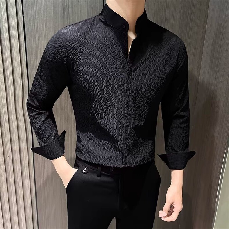 纯色立领泡泡纱衬衫男长袖春季新款高级衬衣网图,男装衬衫,星座410-6（原星座1304-1）