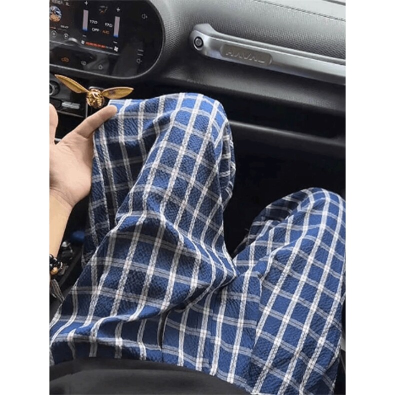 美式高街潮牌男女泡泡格子休闲裤直筒宽松慵懒显瘦阔腿休闲长裤子,男装休闲裤,电商A486