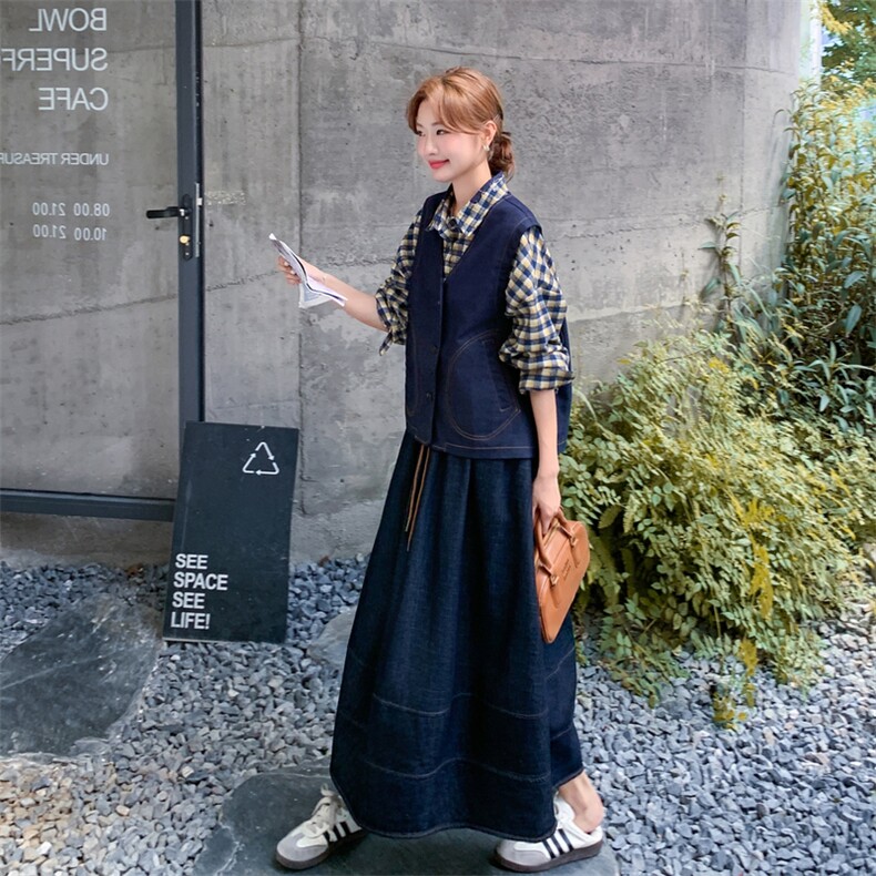 盐甜系穿搭格子衬衫牛仔套装女秋季2025新款休闲马甲半身裙三件套,女装套装/套裙,2C112