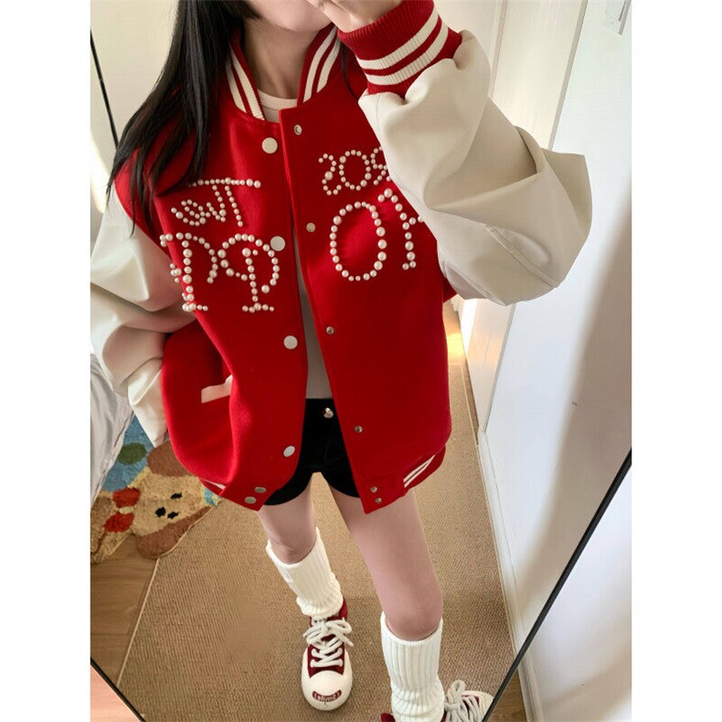 【现货】DW1013-P95美式街头撞色珍珠宽松百搭棒球服夹克外套女潮图片