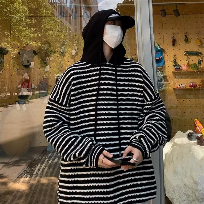 毛衣男秋季连帽条纹针织套头上衣宽松慵懒风男装外套M7025,男装针织衫/毛衣,星座1116A-1（原606A）