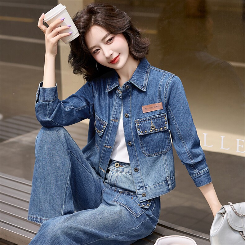 现货韩版时尚牛仔套装女春2024新款洋气显瘦显高牛仔两件套装潮，女装套装/套裙，跑量工厂店