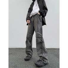 B221美式ins高街暗黑个性拼接微喇牛仔裤LK24155-P65控88，男装牛仔裤，电商B221