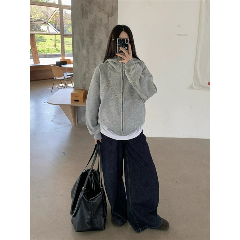 加绒加厚卫衣女秋冬高级感美式复古连帽宽松拉链外套WY10P49,女装短外套,星座1013-5