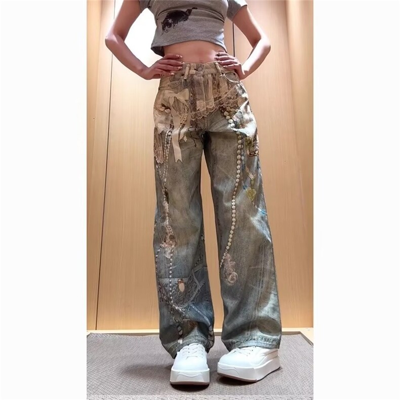 H202-P532025新款高腰牛仔裤女潮夏季新款重工破洞直筒裤,男装牛仔裤,电商B323A