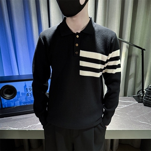 秋冬季新款POLO领毛衣男潮流宽松三道杠针织衫A368-M831-P68图片