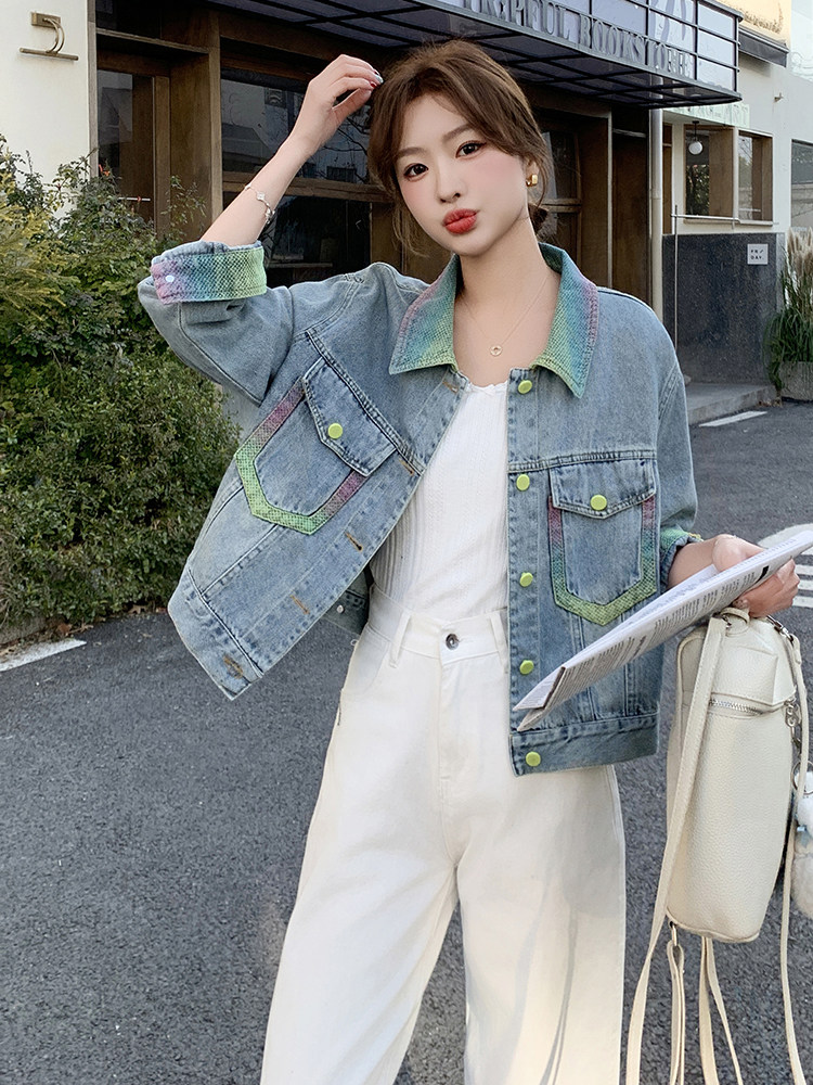 促销2025春季时髦休闲潮流气质宽松百搭彩色翻领单排扣牛仔短外套,女装牛仔外套,蝶眷