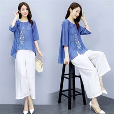 2021夏季新款简约时尚气质圆领复古盘扣装饰图案刺绣棉麻两件套，女装套装/套裙，众宇琦