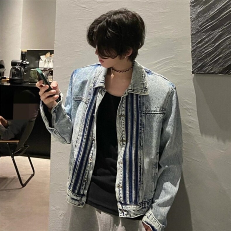 三条杠翻领牛仔外套男款潮流街头百搭设计感工装夹克HH8941 P73图片