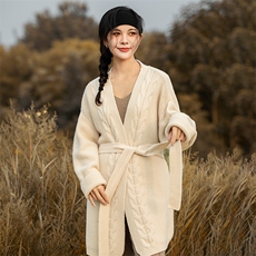 慵懒中长款山开衫女秋冬新款韩版宽松腰带针织外套大衣厚，女装羊毛衫，奢优羊绒