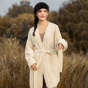 慵懒中长款山开衫女秋冬新款韩版宽松腰带针织外套大衣厚图片