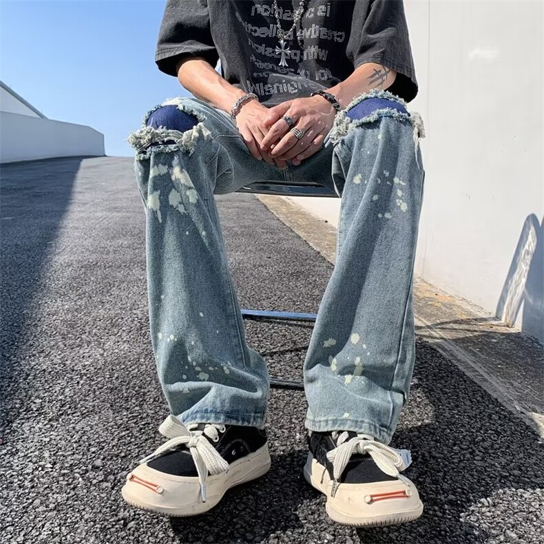 泼墨破洞牛仔裤男韩版潮流高街帅气个性2025秋季ins长裤RK328-P49,男装牛仔裤,星座412