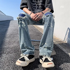 泼墨破洞牛仔裤男韩版潮流高街帅气个性2025秋季ins长裤RK328-P49，男装牛仔裤，星座412