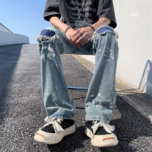 泼墨破洞牛仔裤男韩版潮流高街帅气个性2025秋季ins长裤RK328-P49图片