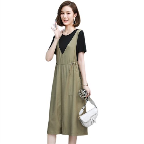 2021夏季新款简约气质圆领时尚假两件连衣裙,女装连衣裙,丽影随形