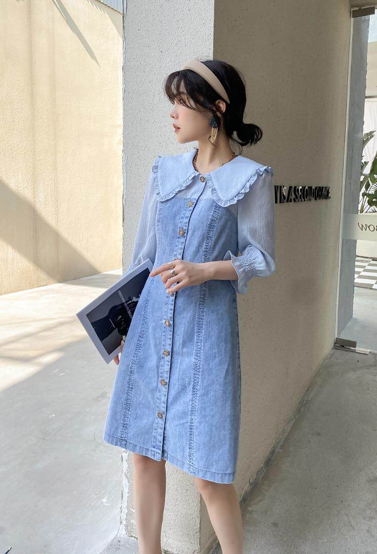 现货热卖拼色牛仔连衣裙，女装连衣裙，迈裳亿