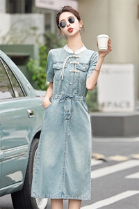2025夏季新款薄款短袖新中式国风盘扣牛仔连衣裙女中长款立领裙子图片