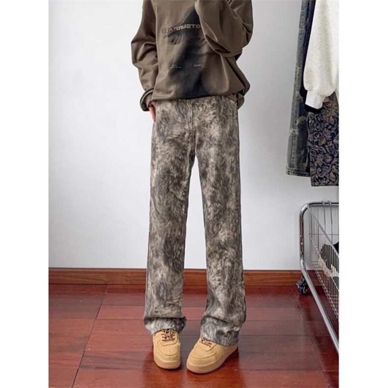 美式复古扎染印花牛仔裤男春夏款青少年炸街痞帅裤子直筒显瘦长裤，男装牛仔裤，星座506A