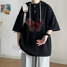 夏季港风冰丝宽松连帽短袖t恤五分体恤上衣TLM426-P40控58，男装T恤，电商B370