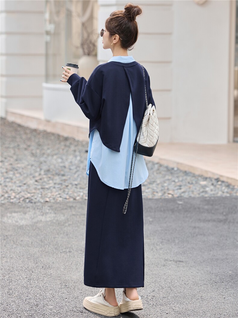 2025年秋装新款纯色衬衫长袖卫衣半身裙三件套装,女装套装/套裙,简韵佳