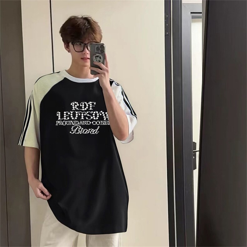 抖音得物品质二开240克宽松纯棉美式潮牌插肩三杠织带短袖T恤，男装T恤，电商A486-1