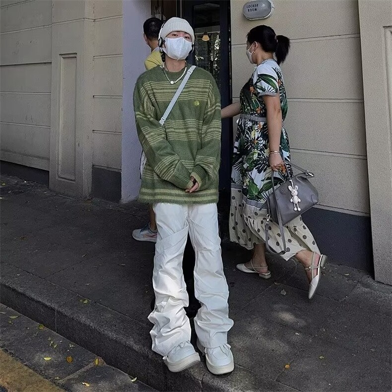 754-P42小众设计感情侣装秋冬2023慵懒风宽松毛衣男条纹针织衫,男装T恤,电商B323A