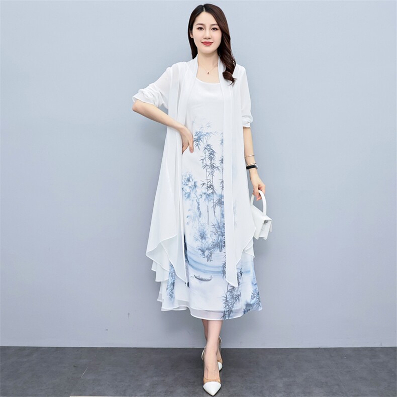 大码防晒衣女夏装新中长款雪纺披肩开衫外套时尚印花连衣裙两件套,女装套装/套裙,秀美人生