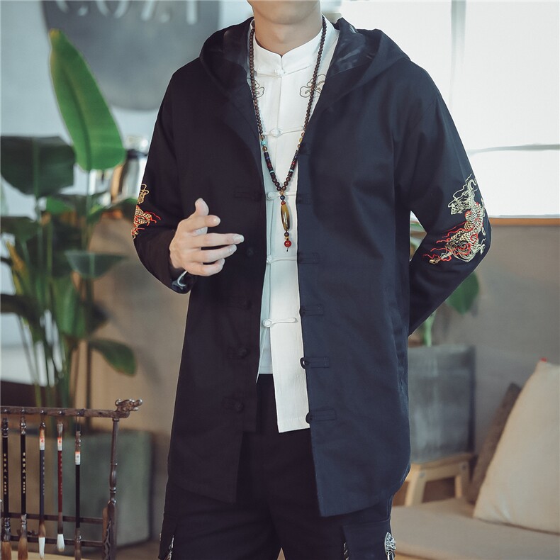 W203*中国风国潮复古夹克麒麟刺绣唐装连帽外套风衣浅灰*P95,男装风衣,星座1516（原B303）