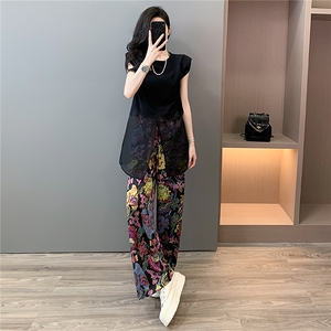 小个子时尚减龄套装显瘦圆领正肩黑色网纱拼接短袖碎花长裤两件套图片