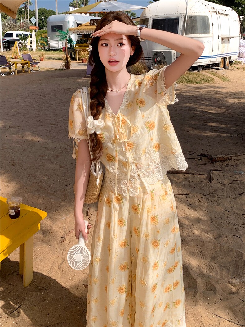 法式蕾丝拼接绣花套装女2026夏新款时尚洋气少女感V领上衣阔腿裤,女装套装/套裙,衣秀之家