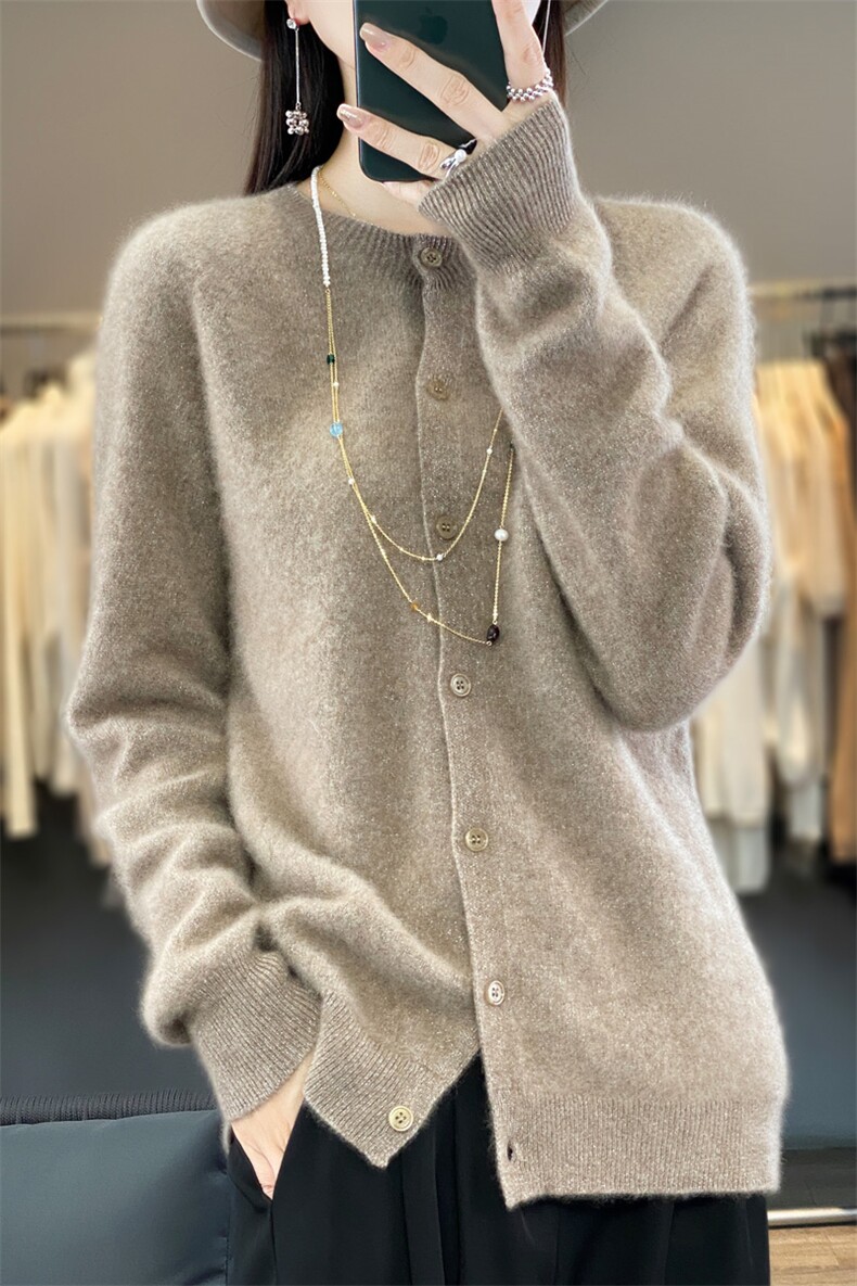 25新款100%纯羊毛开衫女POLO领针织羊绒衫外套宽松纯色长袖打底衫,女装羊毛衫,鲁菏羊绒