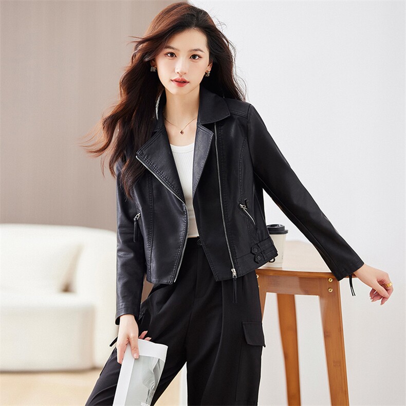 2023年春秋新款外套机车小皮衣女外套时尚收腰短款拉链pu皮夹克,女装皮衣,江南女神