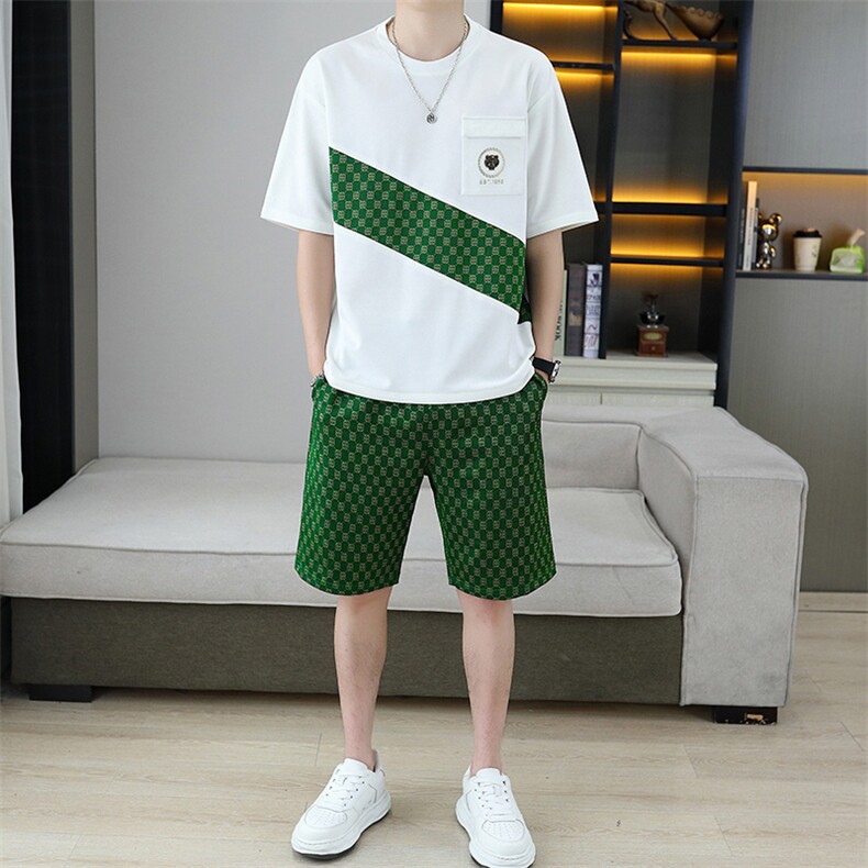 2025新款夏季男装男士运动休闲套装宽松短袖T恤华夫格短裤两件套，男装休闲套装，星座1801