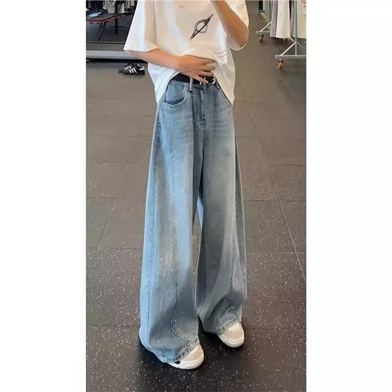时尚烫钻阔腿牛仔裤女2025新款春夏高级感个性高腰宽松窄版直筒裤,男装牛仔裤,星座506A