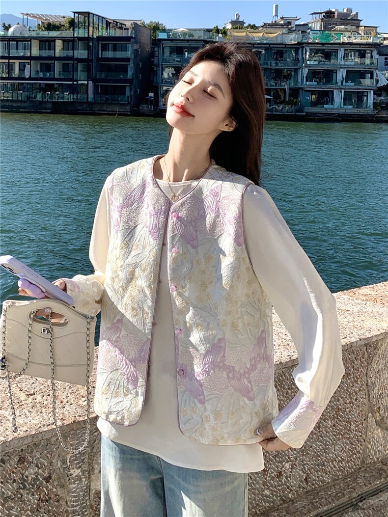 紫色高级感撞色刺绣风马甲小衫套装两件套女早春秋两面穿马夹,女装短外套,艾米莉亚