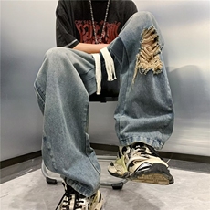 美式高街破洞牛仔裤男女ins潮牌hiphop宽松直筒长裤N01709-P48，男装牛仔裤，星座308B-1