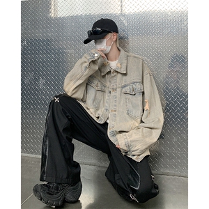 水洗做旧牛仔外套男春秋2024新款款潮流破洞美式复古痞帅休闲夹克图片