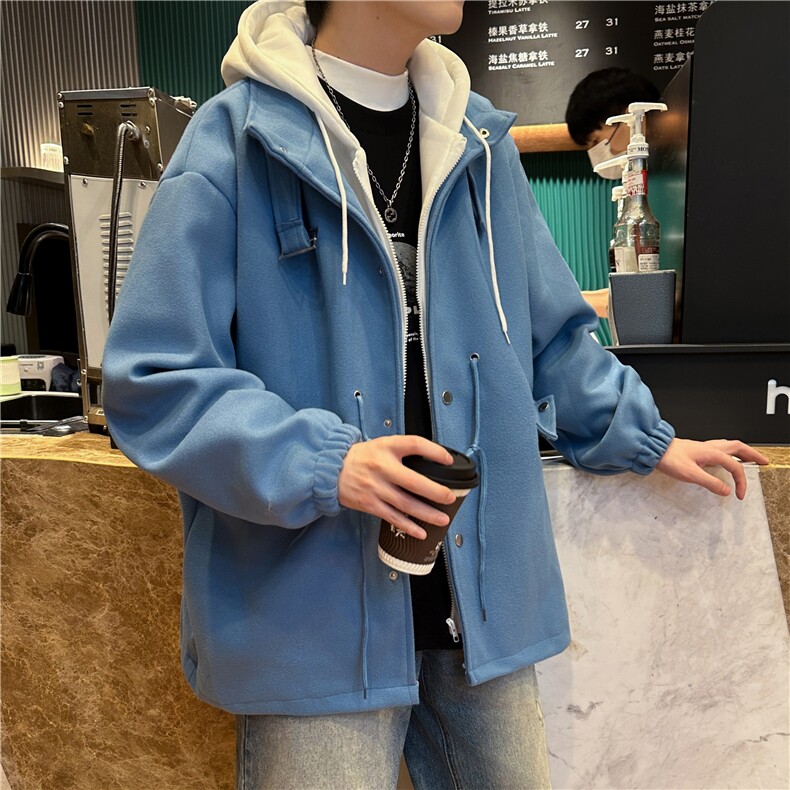 假两件毛呢外套男韩版潮流连帽帅气2024冬季ins宽松夹克W5547-P70,男装毛呢大衣,星座412-3