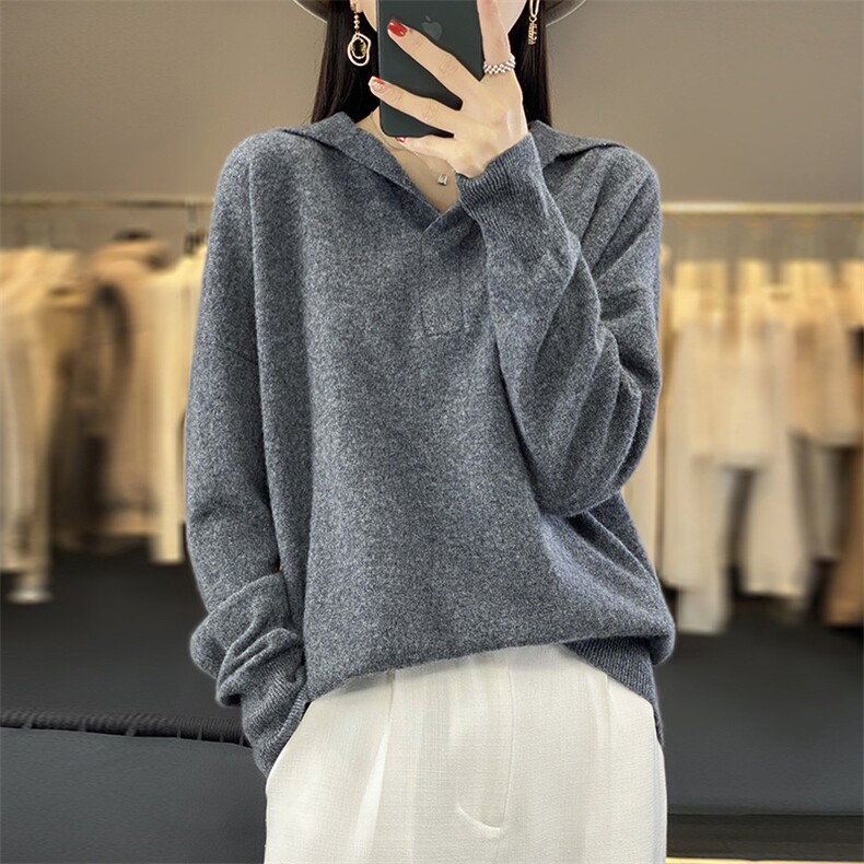羊毛老钱风知识分子POLO领针织衫毛衣女宽松翻领加厚上衣,女装羊毛衫,盛鼎羊绒