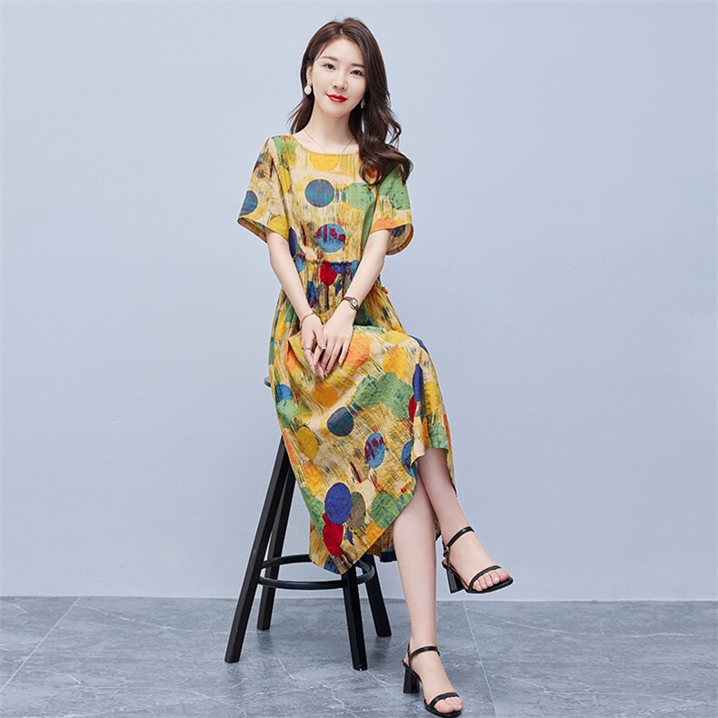 连衣裙2022年夏季潮流舒适简约时尚中长款圆领碎花,女装连衣裙,贵人树