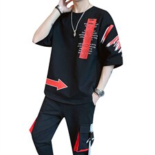 新款夏季短袖宽松T恤套装男装潮流时尚休闲两件套体恤套装F168P75，男装休闲套装，电商A086